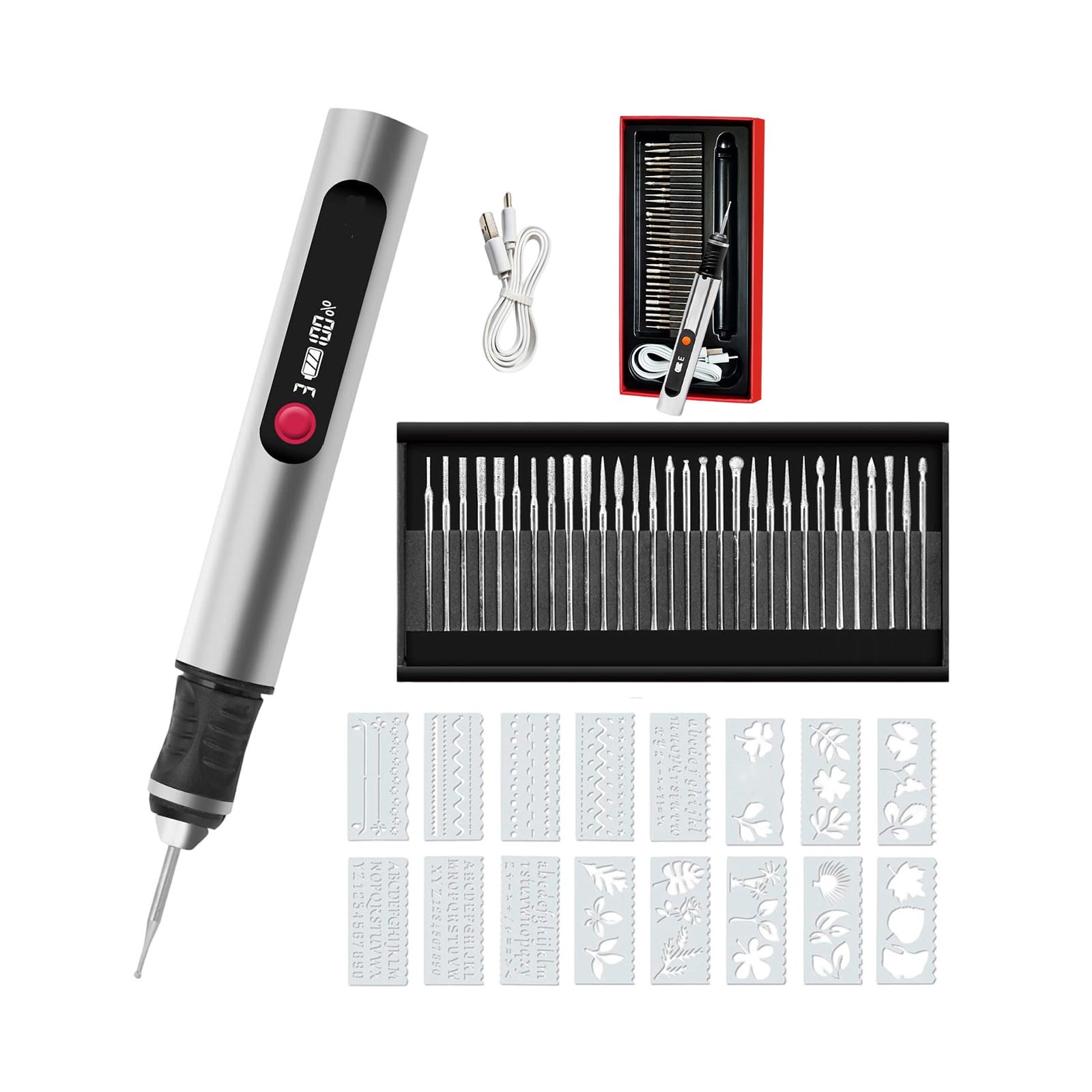 Electric Mini Engraving Pen, HollowCup Motor, 30 Bits with Aluminum Case, OLED, Magnetic Charge, Mini Cordless Rotary Tool, Engraving Pen for Bead, Metal, Wood, Glass and Plastic