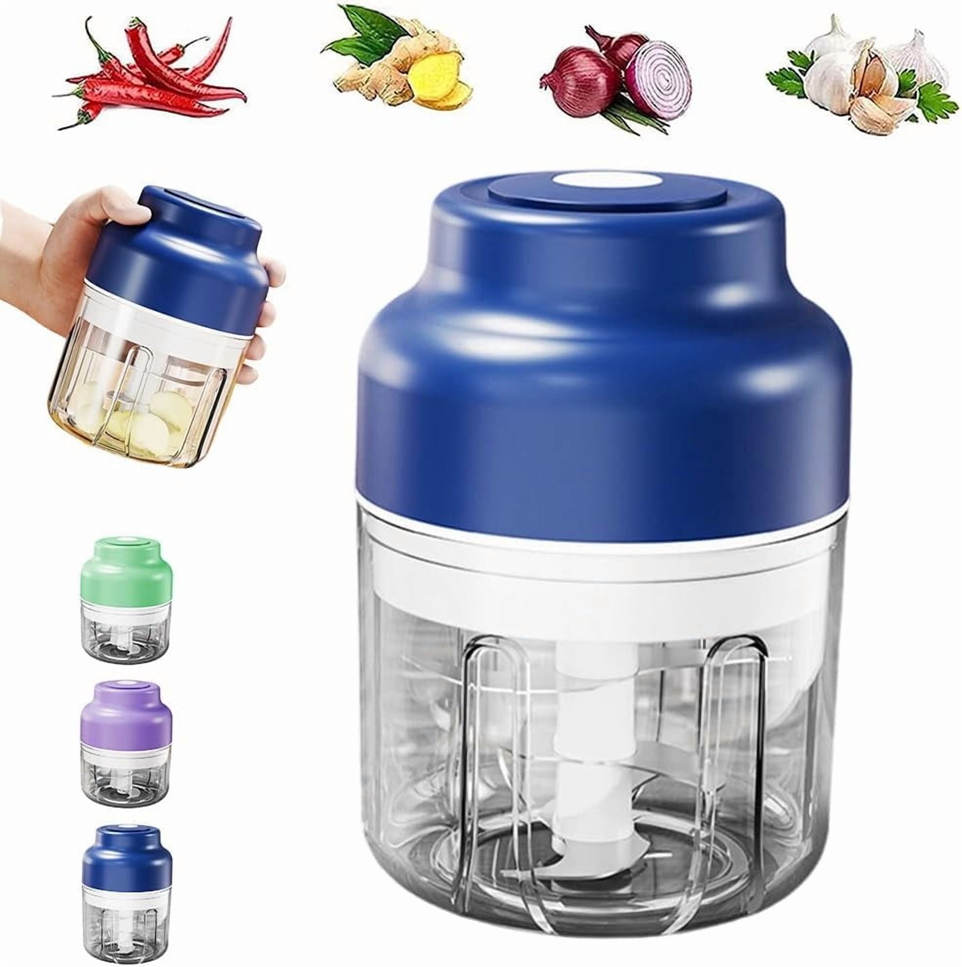 Electric Mini Garlic Chopper Set, Multi-functional Portable Vegetable Cutter Set, Wireless Veggie Grinder, 250/ 320ML Rechargeable Small Food Processor for Chili Onion Ginger Celery(320ml Blue)