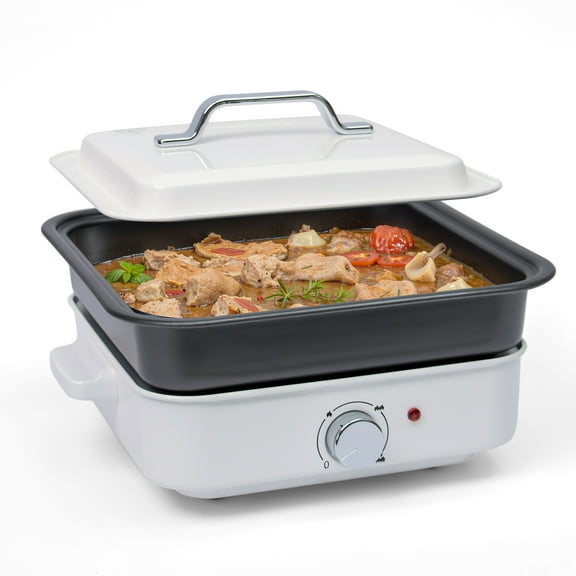 Electric Mini Hot Pot, 4L Portable Ramen Cooker With Grill Pan & Nonstick Coating, Boil Dry Protection, White
