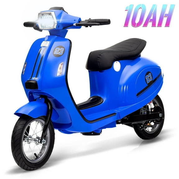 Electric Moped Scooter for Kids, Suitable for Big Kids, Powerful Motor, 24V 350W, Dual Driving Modes, Rear Brake, Twist Grip Throttle, LED Light, Blue