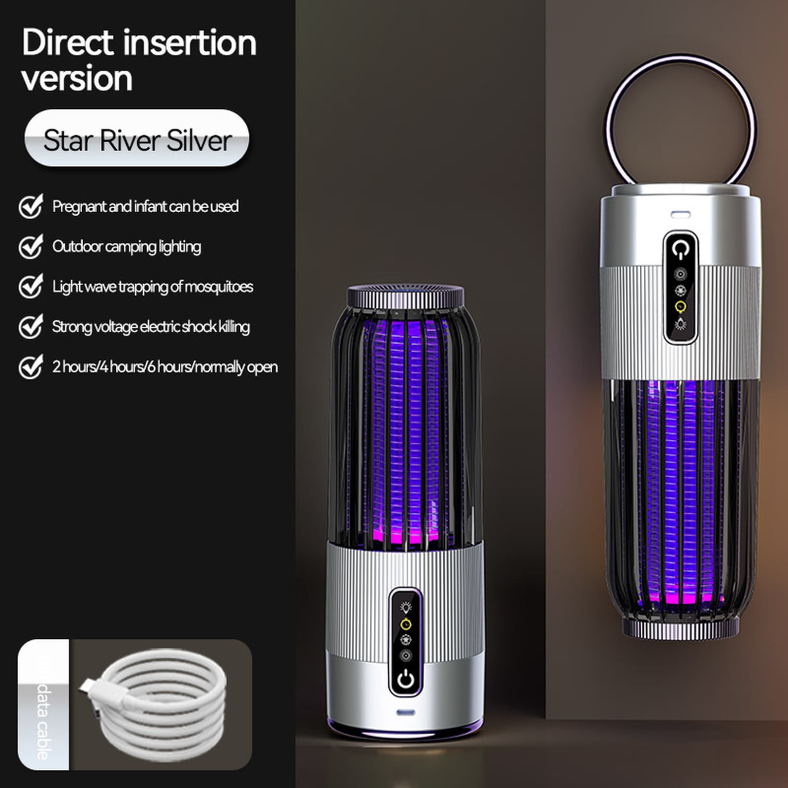 Electric Mosquito, Bug Zapper, Mosquito, 2.5X9 In, Silver, Usb Compatible, Hanging Light, Black Light, Bug Catcher, Bug, 1 Pc, Outdoor Backyard Picnics