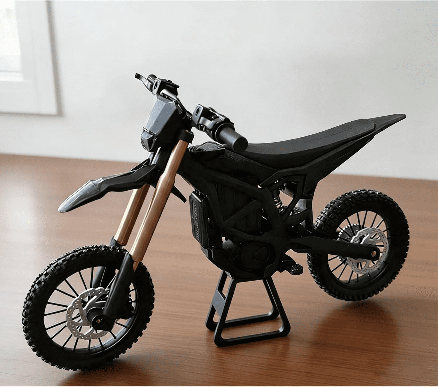 Electric Motocross Bike Model, Full Suspension Model Bike with Removable Battery, 3D Printed Dirt Bike with Knobby Tires Rotatable Wheels for Display