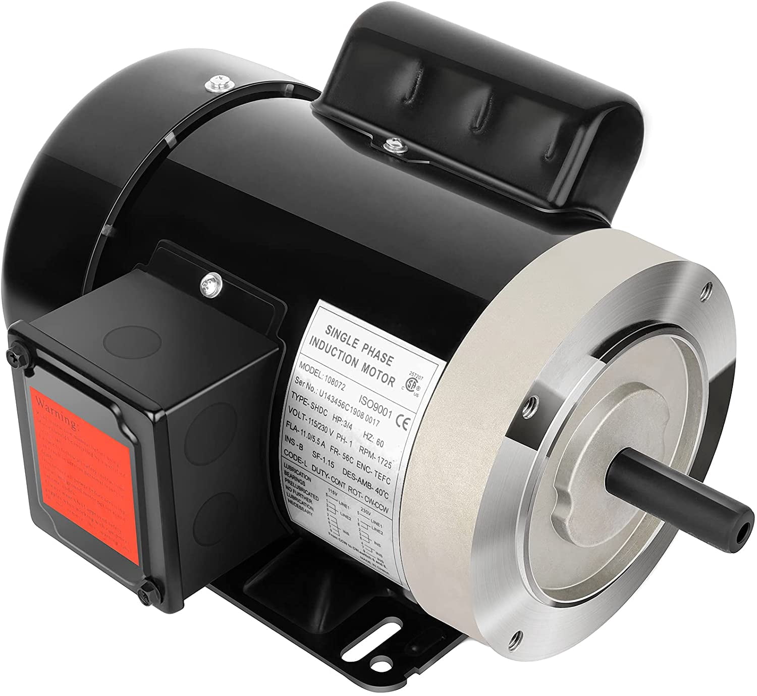 Electric Motor 3/4HP 1725RPM General Purpose Single Phase Motor 115V/230V 56C Frame 5/8"Shaft Diameter Rolled Steel Shell 60HZ TEFC