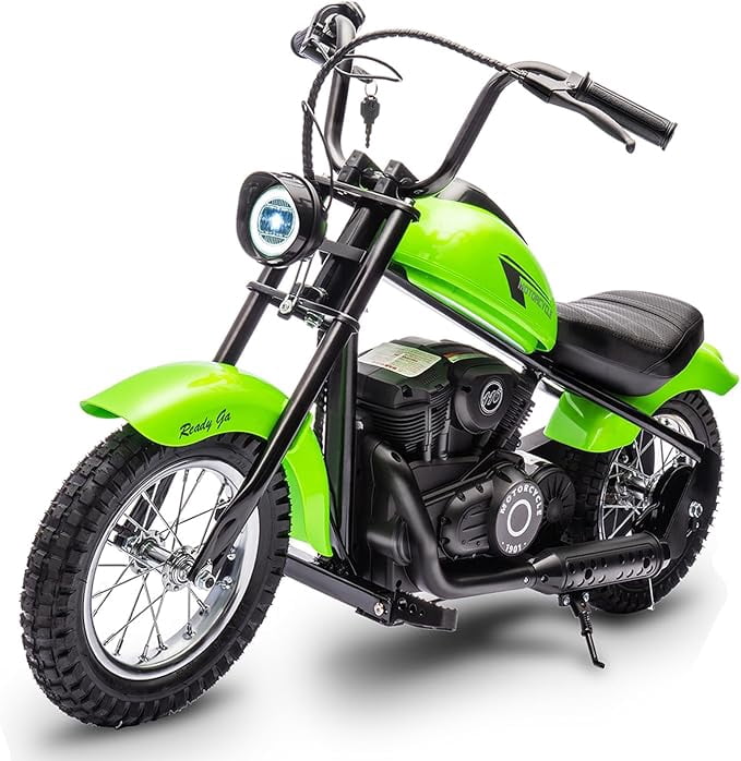 Electric Motorcycle for Kids, 24V 250W Dirt Bike, Two Speed Max Up to 14MPH & 60 Minutes Continuous, with Led Lights, Leather Seat, Rear Brake, Electric Motorbike for Kids/Teens, Green