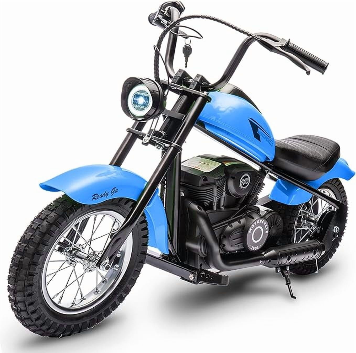 Electric Motorcycle for Kids, 24V 250W Dirt Bike, Two Speed Max Up to 14MPH & 60 Minutes Continuous, with Led Lights, Leather Seat, Rear Brake, Electric Motorbike for Kids/Teens, Blue