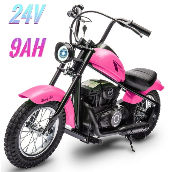 Electric Motorcycle for Kids, 24V 250W Dirt Bike, Two Speed Modes up to 15MPH, Dirt Bike with LED Lights, Rear Brake – Perfect Ride for Kids and Teens, Hot Pink