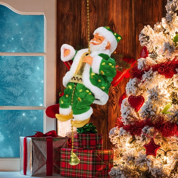 Electric Musical Climbing Ladder Santa Claus Figurine - Christmas Ornament Gift, Plays 3 Songs, Festive Santa Decoration for Home, Mantels & Christmas Trees, Perfect Holiday Gift, 5.1*9.8in, Green