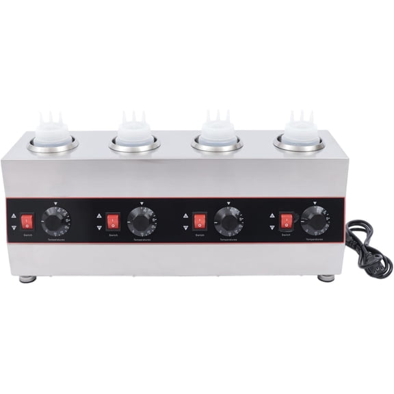 Electric Nacho Cheese Warmer Machine 640W 4 Pot Commercial Hot Fudge Dispenser Stainless Steel Cheese Sauce Warmer with 4 Sauce Squeeze Bottles for Cheese Caramel Jam Ketchup
