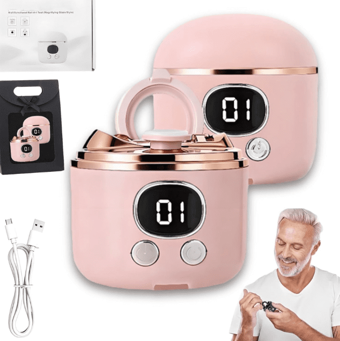 Electric Nail Clippers For Seniors With Magnifier LED Light Rechargeable Automatic Trimmer Polisher Low Noise Nail Scraps Storage,Pink