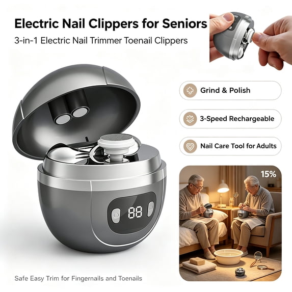 Electric Nail Clippers for Seniors - 3-in-1 Electric Nail Trimmer Toenail Clippers, Grind & Polish, 3-Speed Rechargeable Fingernail Trimmer, Nail Care Tool for Adults