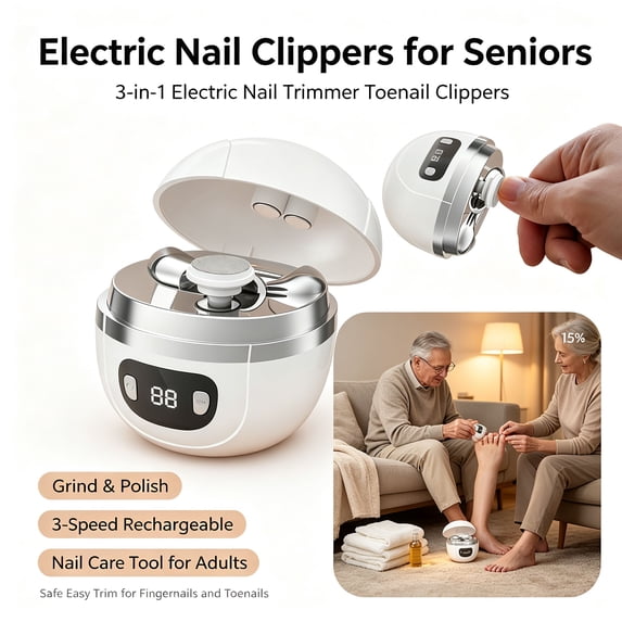 Electric Nail Clippers for Seniors - 3-in-1 Electric Nail Trimmer Toenail Clippers, Grind & Polish, 3-Speed Rechargeable Fingernail Trimmer, Nail Care Tool for Adults