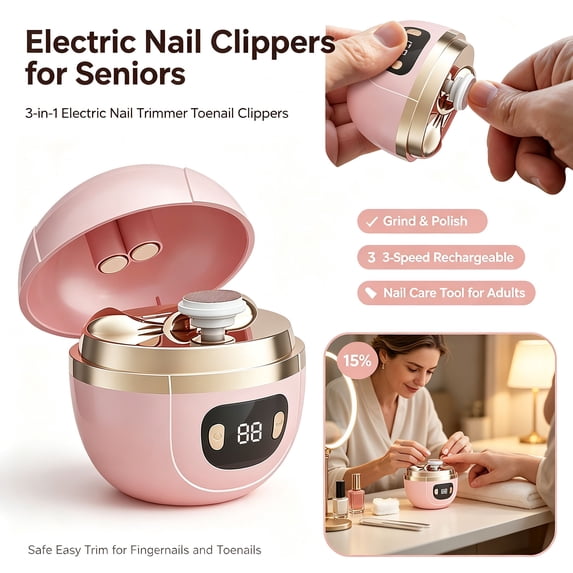 Electric Nail Clippers for Seniors - 3-in-1 Electric Nail Trimmer Toenail Clippers, Grind & Polish, 3-Speed Rechargeable Fingernail Trimmer, Nail Care Tool for Adults
