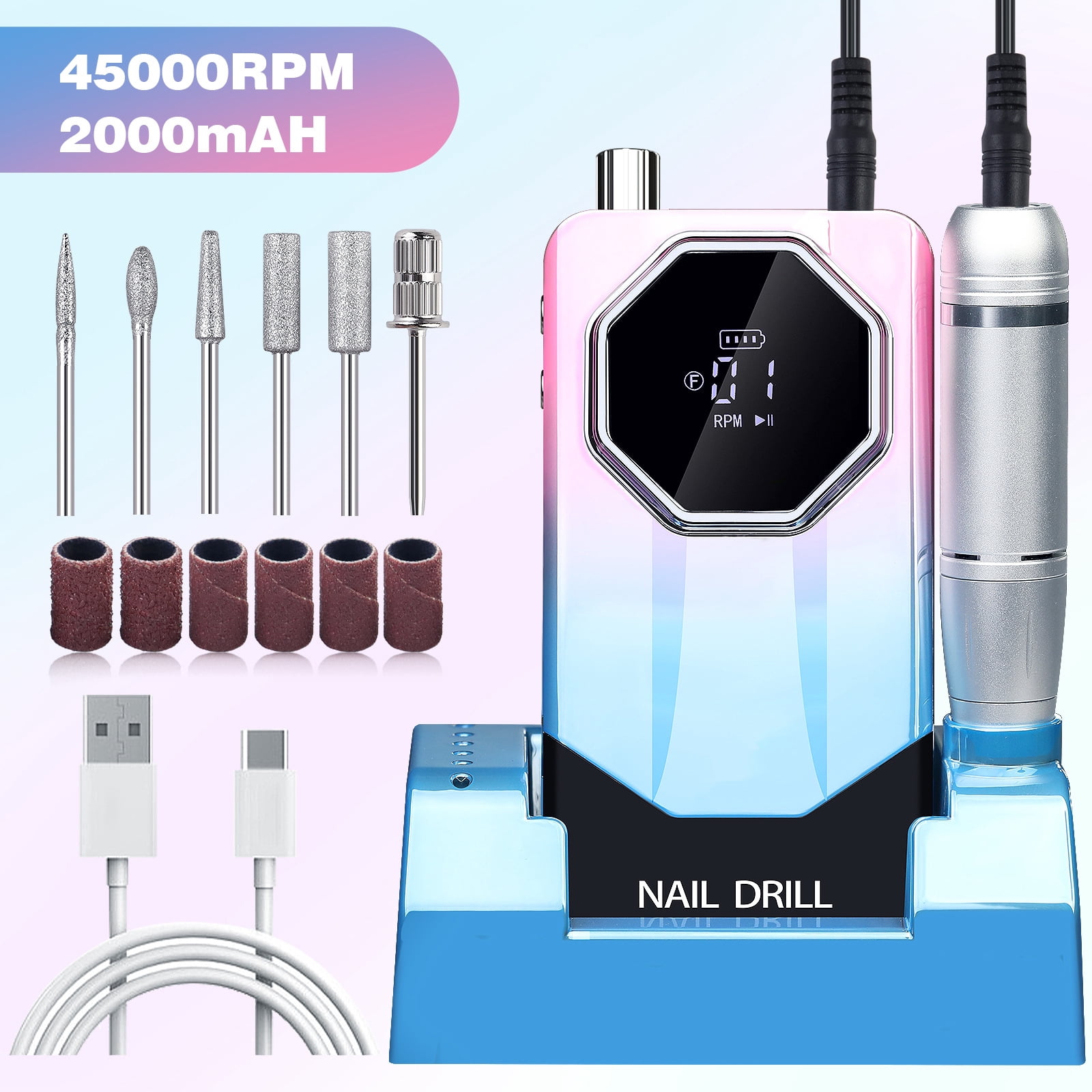 Electric Nail Drill, 45000RPM Nail Drill, Rechargeable Electric Nail File, Professional Nail Drill, with 6 Drill and Sanding Strips, for Acrylics/Gels/Natural Nails (Size:V11 Color:Blue)