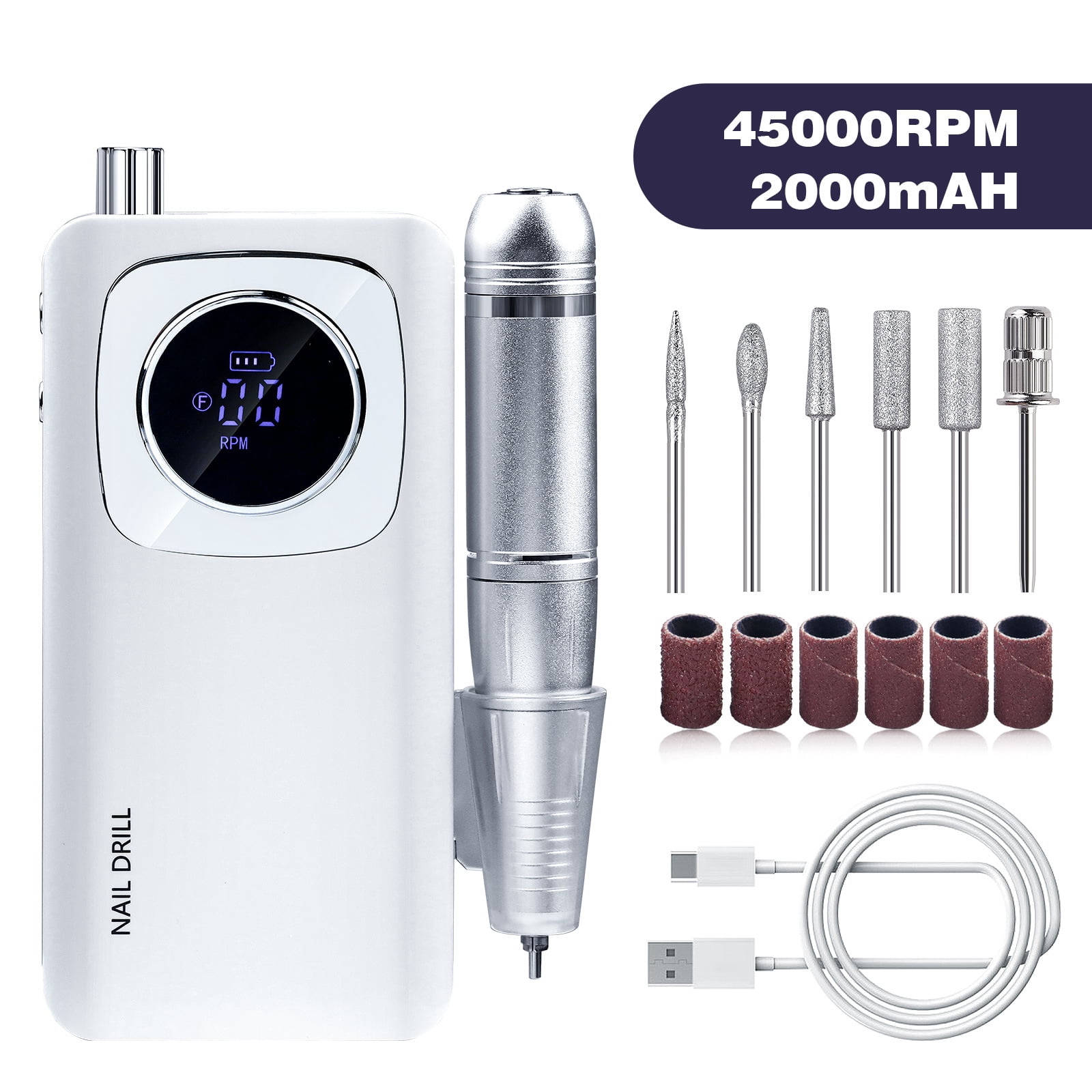 Electric Nail Drill, 45000RPM Nail Drill, Rechargeable Electric Nail File, Professional Nail Drill, with 6 Drill and Sanding Strips, for Acrylics/Gels/Natural Nails (Size:V4 Color:White)