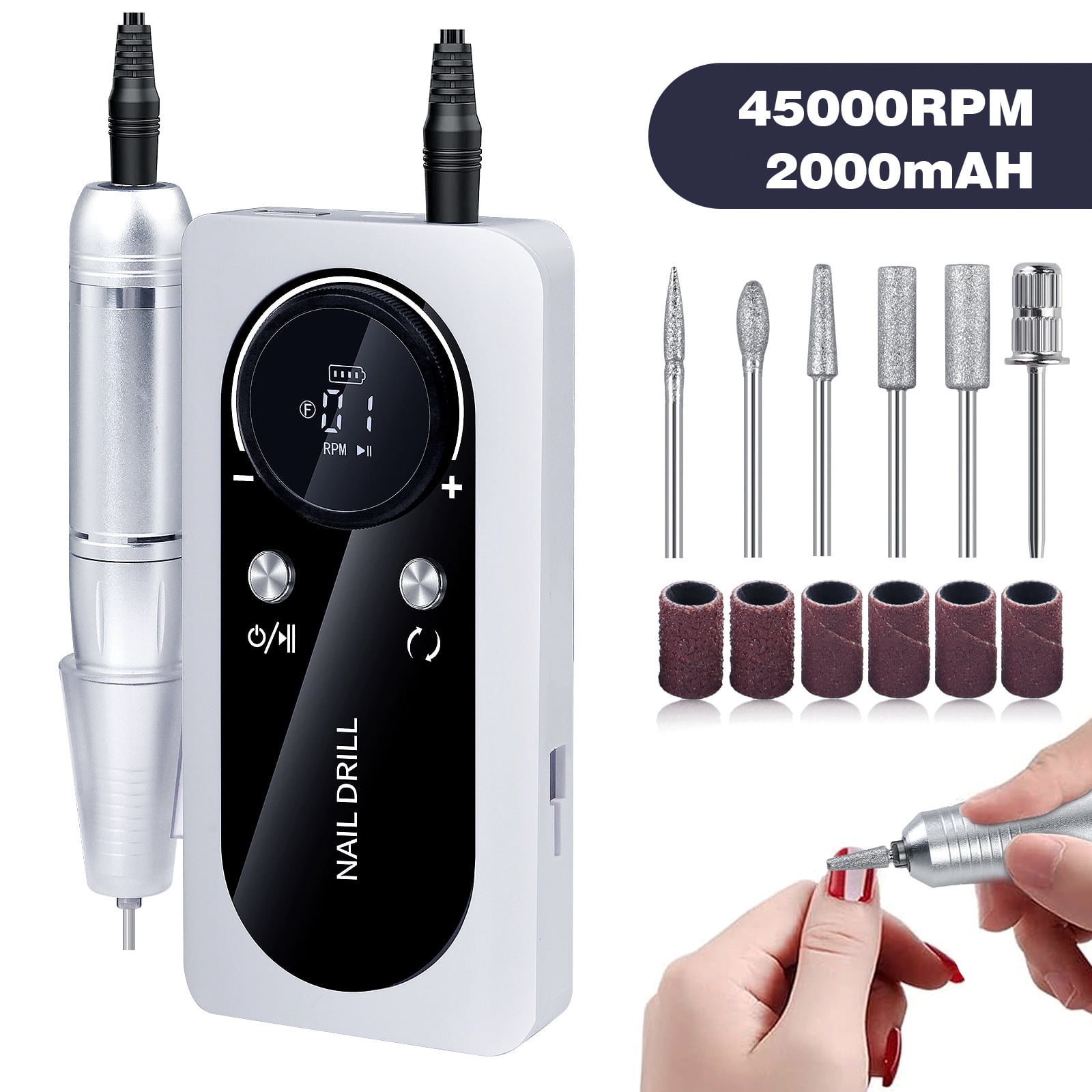 Electric Nail Drill, 45000RPM Nail Drill, Rechargeable Electric Nail File, Professional Nail Drill, with 6 Drill and Sanding Strips, for Acrylics/Gels/Natural Nails (Size:V2  Color:White)