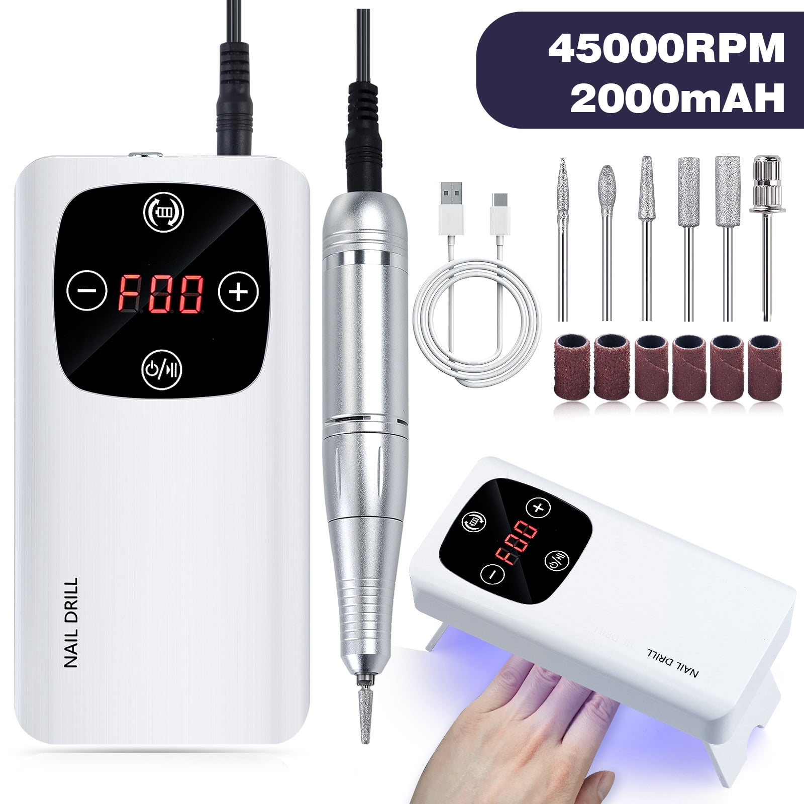 Electric Nail Drill, 45000RPM Nail Drill, Rechargeable Electric Nail File, Professional Nail Drill, with 6 Drill and Sanding Strips, for Acrylics/Gels/Natural Nails (Size:V3  Color:White
