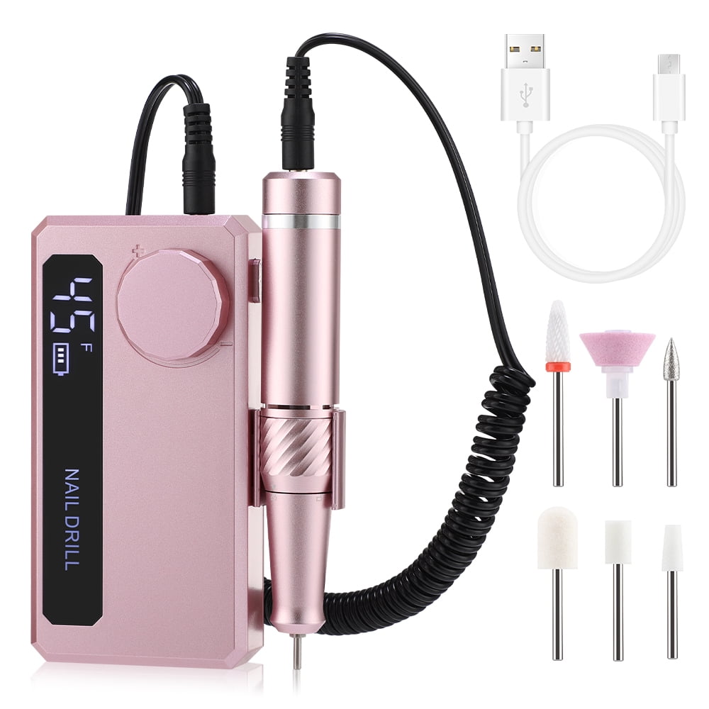Electric Nail Drill, 45000RPM Rechargeable Nail File Machine Professional Kit, Portable Nail File with 6 Bits for Acrylic Nails Gel Polishing Home Salon Use