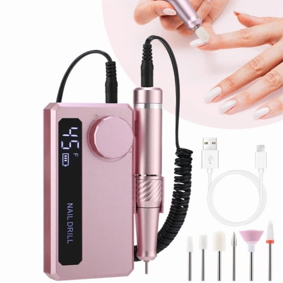 Electric Nail Drill Machine,45000 RPM Cordless Rechargeable Nail File Kit for Acrylic Gel Nail Care Manicure Polishing Set,Pink