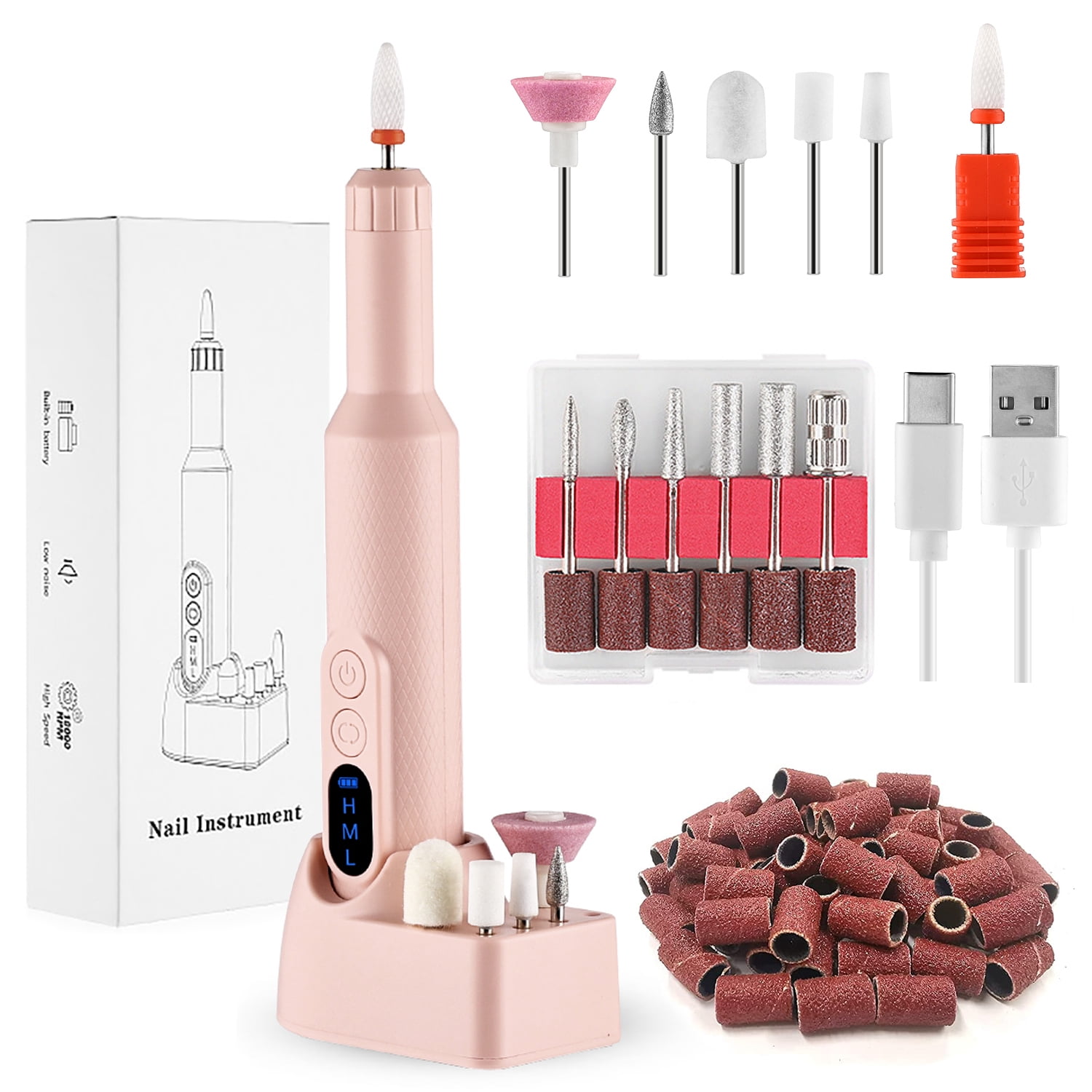 Electric Nail Drill Machine, Anpro 18000RPM Professional Nail Drill Kit Cordless Rechargeable Nail File Drill Set for Acrylic Nails, Gel Nails Polish, DIY Manicure & Pedicure, LCD Display - Pink