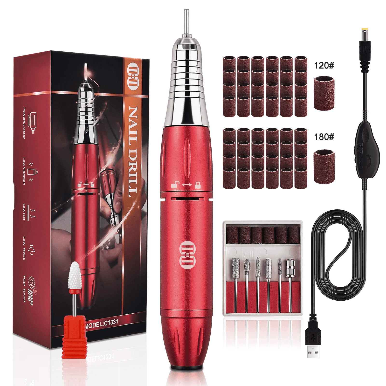 Electric Nail Drill Machine, CIICII 30000RPM Professional Nail Drill Kit Red