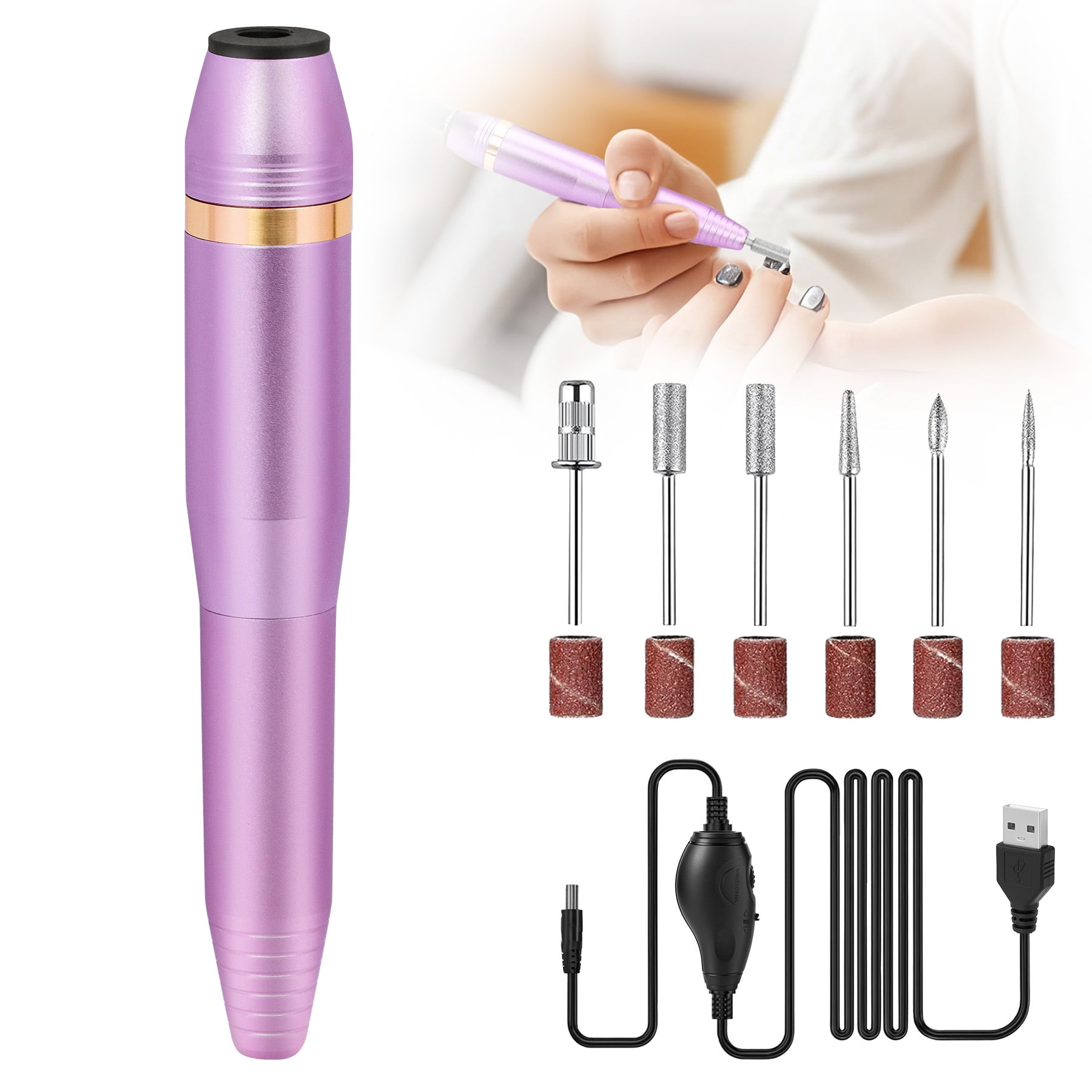 Electric Nail Drill Machine - Portable Pen-Shaped Nail Drill Kit with 6 Bits & Sanding Bands, Low Noise Low Heat for Manicure Pedicure