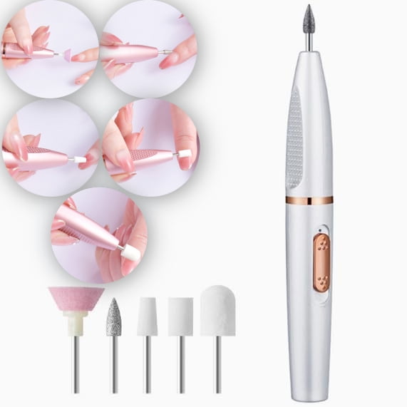 Electric Nail Drill Portable Salon-Grade Efile Nail Machine with 5 Gold Bits 15000r min Cordless USB Charging for Manicure Polishing, Shaping & Gel Removal at Home for Beginners (White)
