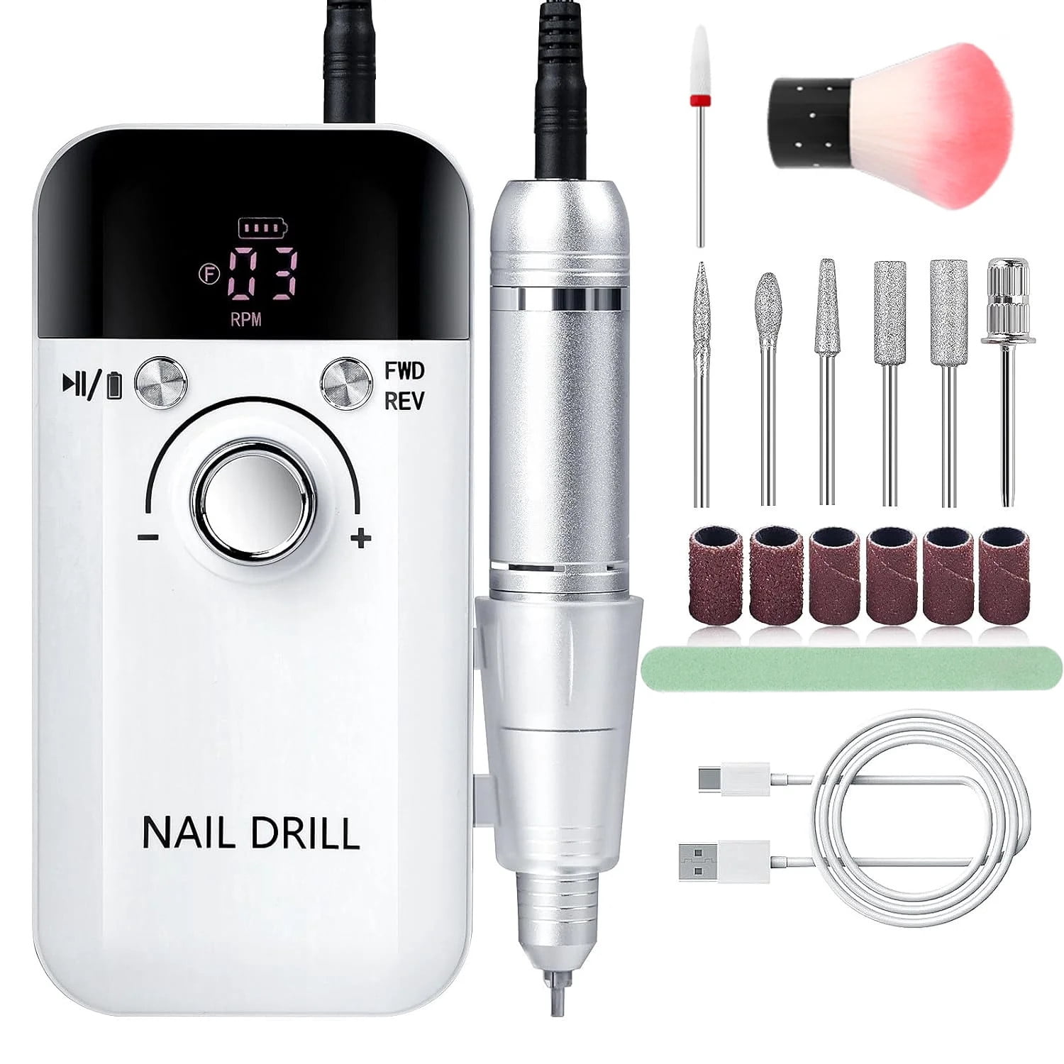Electric Nail Drill Professional 45000RPM, Rechargeable Nail Drill Kit Portable Electric Nail File for Acrylic Nails Gel Polishing Removing Nail Drill Machine for Manicure Salon Home, White