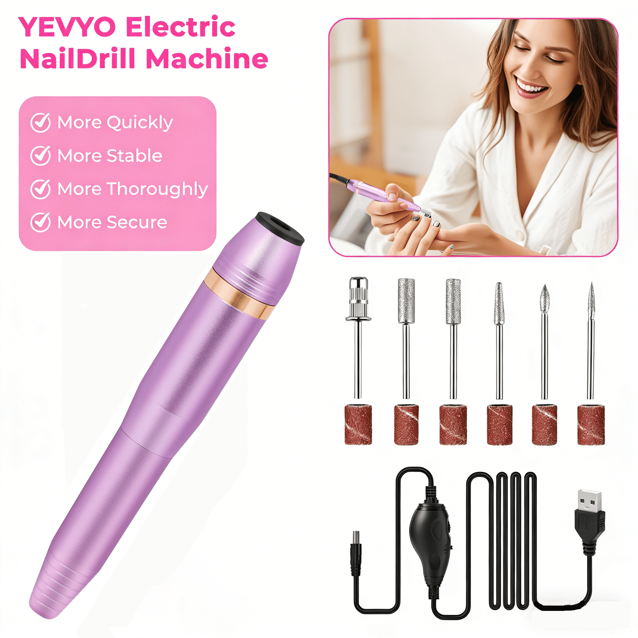 Electric Nail Drill Professional File Kit Acrylic Gel Nails Manicure Pedicure Portable USB Rechargeable Adjustable Speed Sanding Bands Drill Bits Rose Gold 8.7in Cordless Home Salon Use EFile Machine