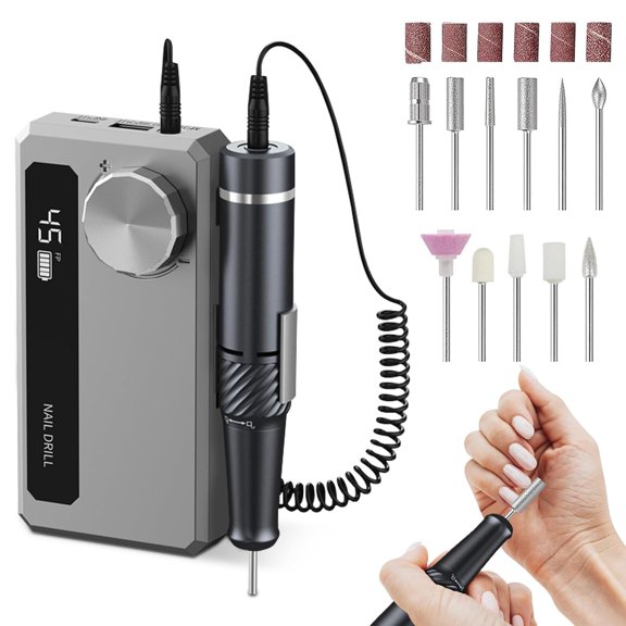 Electric Nail Drill Professional ,Portable Nail File for Acrylic Gel Nails, 45000RPM Rechargeable Nail Drill Kit with 11 bits and LCD Display