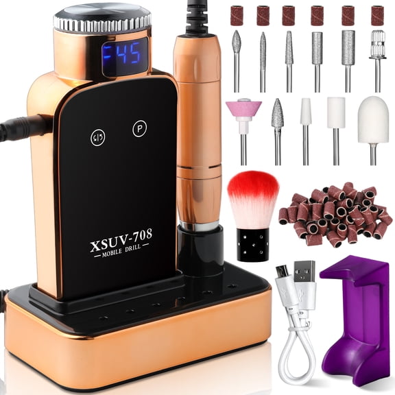 Nail Drill Professional, 45000RPM Electric Nail File for Acrylic & Gel Removal, 2-in-1 Desktop & Portable, LCD Display, Rechargeable, Quiet