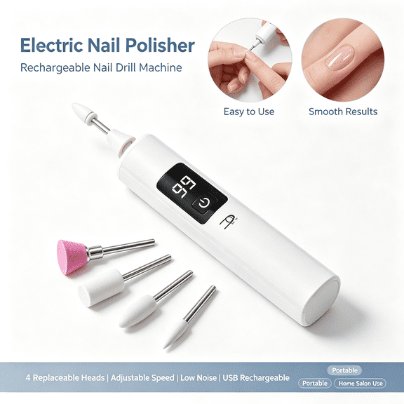 Electric Nail Polisher - Nail Aid Machine 35000 RPM Rechargeable Nail Drill with LED Light, 4 Grinding Heads, Portable Nail File Kit, 3 Speed Settings for Home Salon Use Nail Tech Supplies
