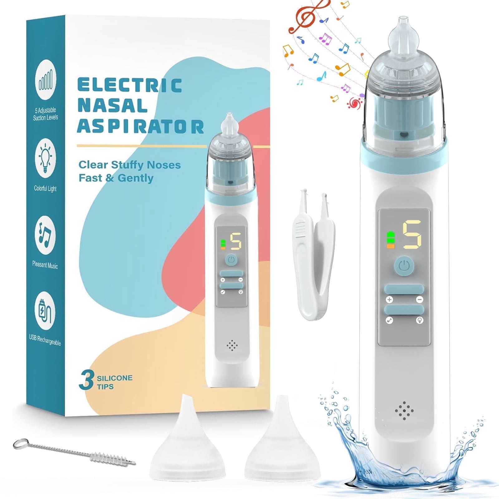Electric Nasal Aspirator for Baby - Nose Aspirator for Toddlers, Nose Sucker with 3 Silicone Tips, 5 Adjustable Suction Levels, Music and Light Soothing Function - Baby Snot Sucker