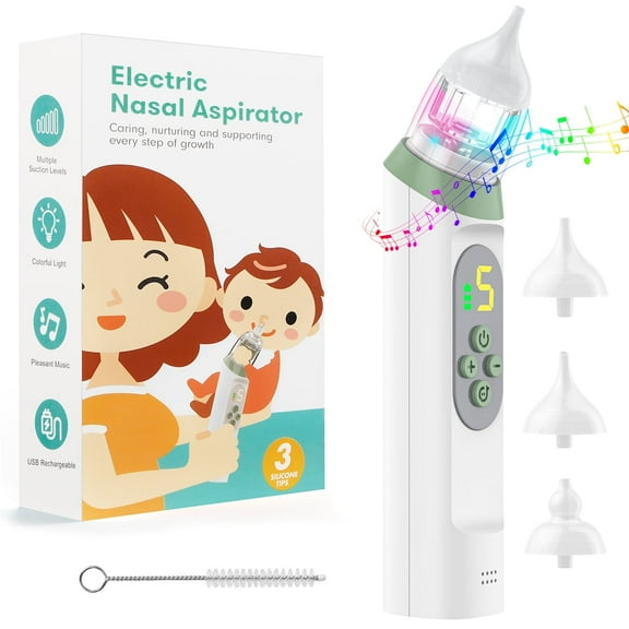 Cshidworld Nasal Aspirator for Baby, Electric Nose Aspirator for Toddlers, Waterproof Baby Nose Sucker with 3 Silicone Tips, 5 Adjustable Suction Level, Music and Light Soothing Function,Green
