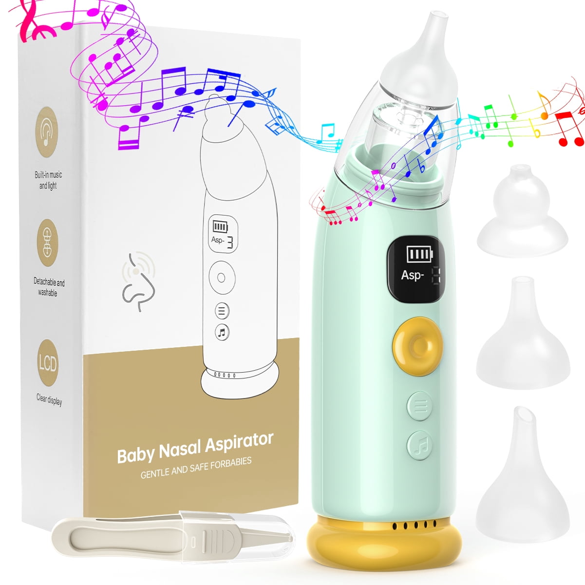 Cshidworld Nasal Aspirator for Baby, Electric Nose Aspirator for Toddlers, Waterproof Baby Nose Sucker with 3 Silicone Tips, 3 Adjustable Suction Level, Music and Light Soothing Function,Green