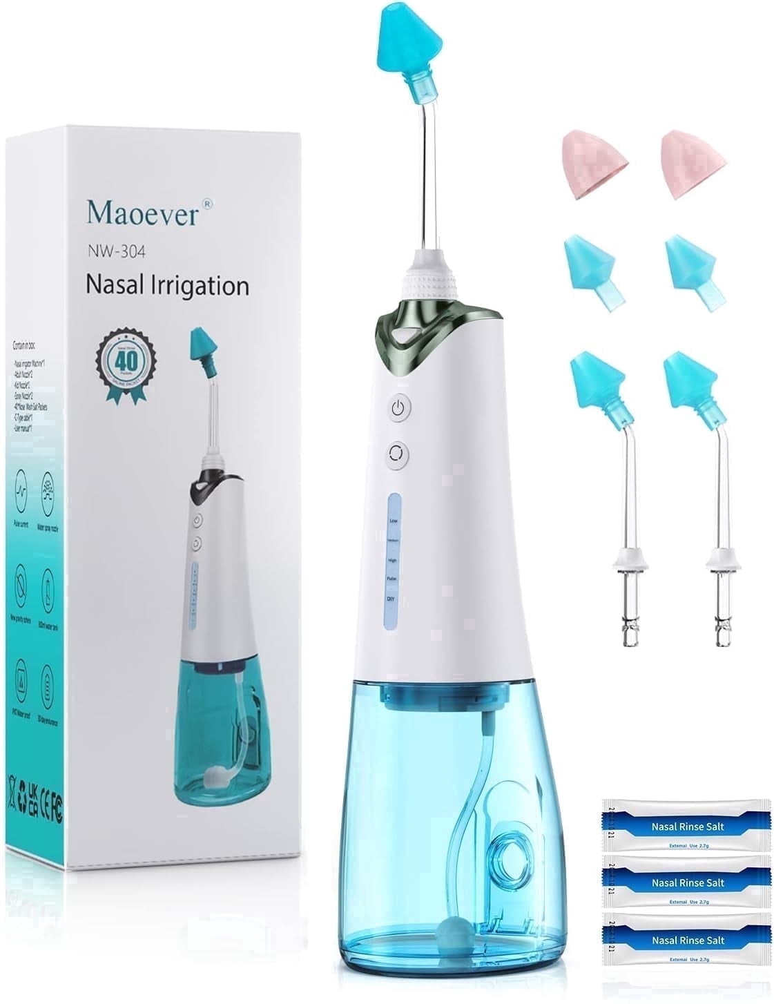 Nasal Irrigation System, Cordless Nasal Rinse Machine for Sinus Relief & Nasal Care, Electric Neti Pot with 6 Tips and 40 Salt Packs Nasal Irrigation Sinus Rinse System Kit for Adult & Kid