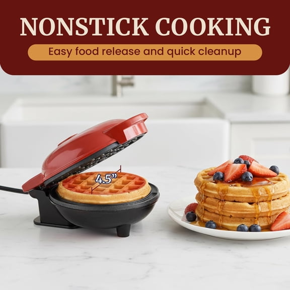 Electric Nonstick 4.5" Cooking Surface Mini Waffle Maker, Belgian Waffles, Compact Design, Hash Browns, Keto, Snacks, Sandwich, Eggs, Easy to Clean, Red