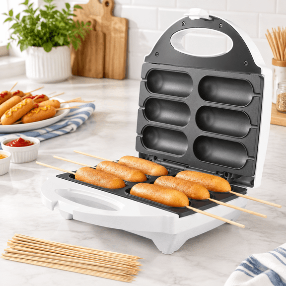 Electric Nonstick Corn Dog Maker with 50 Skewers, Cooks 6 Mini Appetizers for Summer Parties