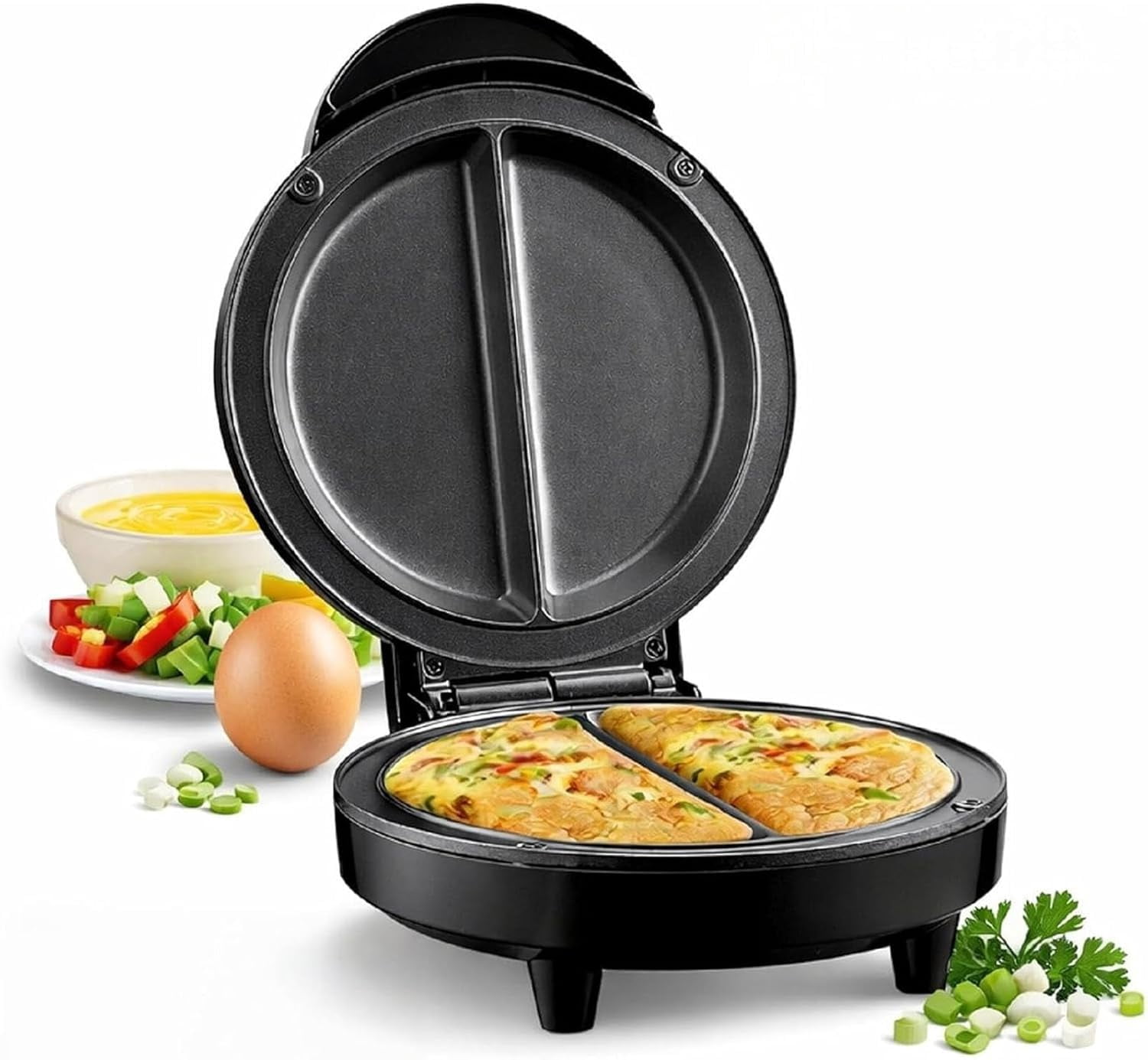 Electric Omelette Maker - Dual-Zone 1000W Double-Sided Egg Cooker with Non-Stick Plates, Indicator Lights, Cool-Touch Handle, Compact Breakfast Maker for Two Omelettes