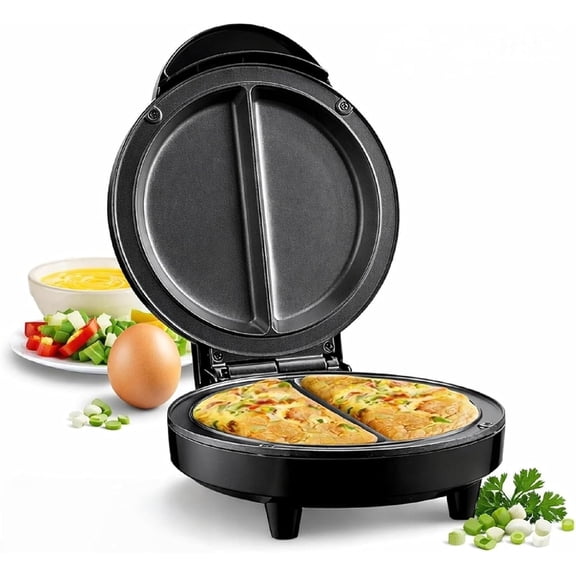 Electric Omelette Maker - Dual-Zone 1000W Double-Sided Egg Cooker with Non-Stick Plates, Indicator Lights, Cool-Touch Handle, Compact Breakfast Maker for Two Omelettes