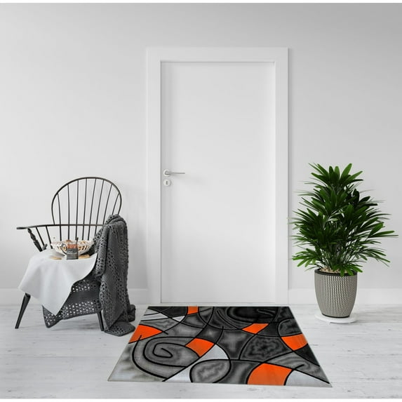 Electric Orange/Grey/Silver/Black/Abstract Area Rug Modern Contemporary Circles and Wavey Swirlls Design Pattern
