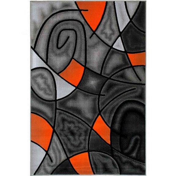 Electric Orange/Grey/Silver/Black/Abstract Area Rug Modern Contemporary Circles and Wavey Swirlls Design Pattern