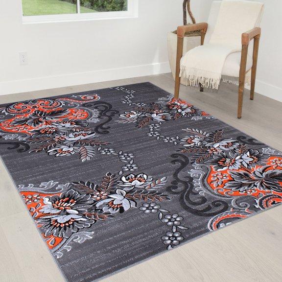 Electric Orange/Grey/Silver/Black/Abstract Area Rug Modern Contemporary Floral and Swirlls Design Pattern