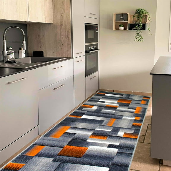 HR HANDCRAFT RUGS HR Electric Orange/Grey/Silver/Black/Abstract Area Rug Modern Contemporary Geometric Cube Square Design 2x7 feet Runner