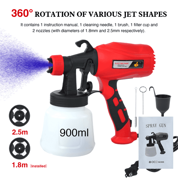 Electric Paint Sprayer Gun, 400W Indoor, Outdoor Spray Gun 900ml Detachable Tank for Fence, Wall, Cabinet, Ceiling, Home Painting DIY