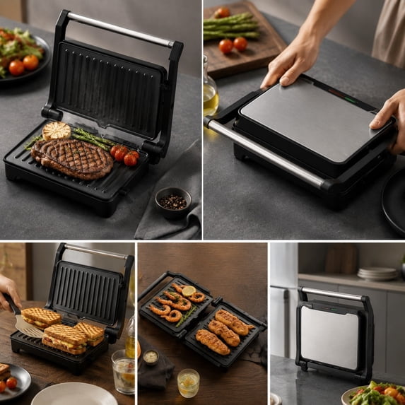 Electric Panini Press and Sandwich Maker with 180 Degree Flat Open, Non Stick Plates, Removable Drip Tray for Steak, Burgers and Breakfast