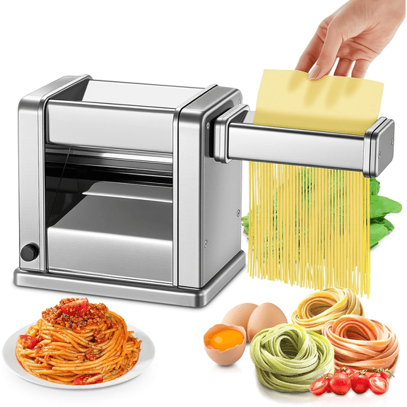 Electric Pasta Maker, 1.5mm Round Noodles/6.6mm Flat Noodles, Fully Automatic, 7 Adjustable Thickness Settings (0.5-3mm), Stainless Steel, FOHERE