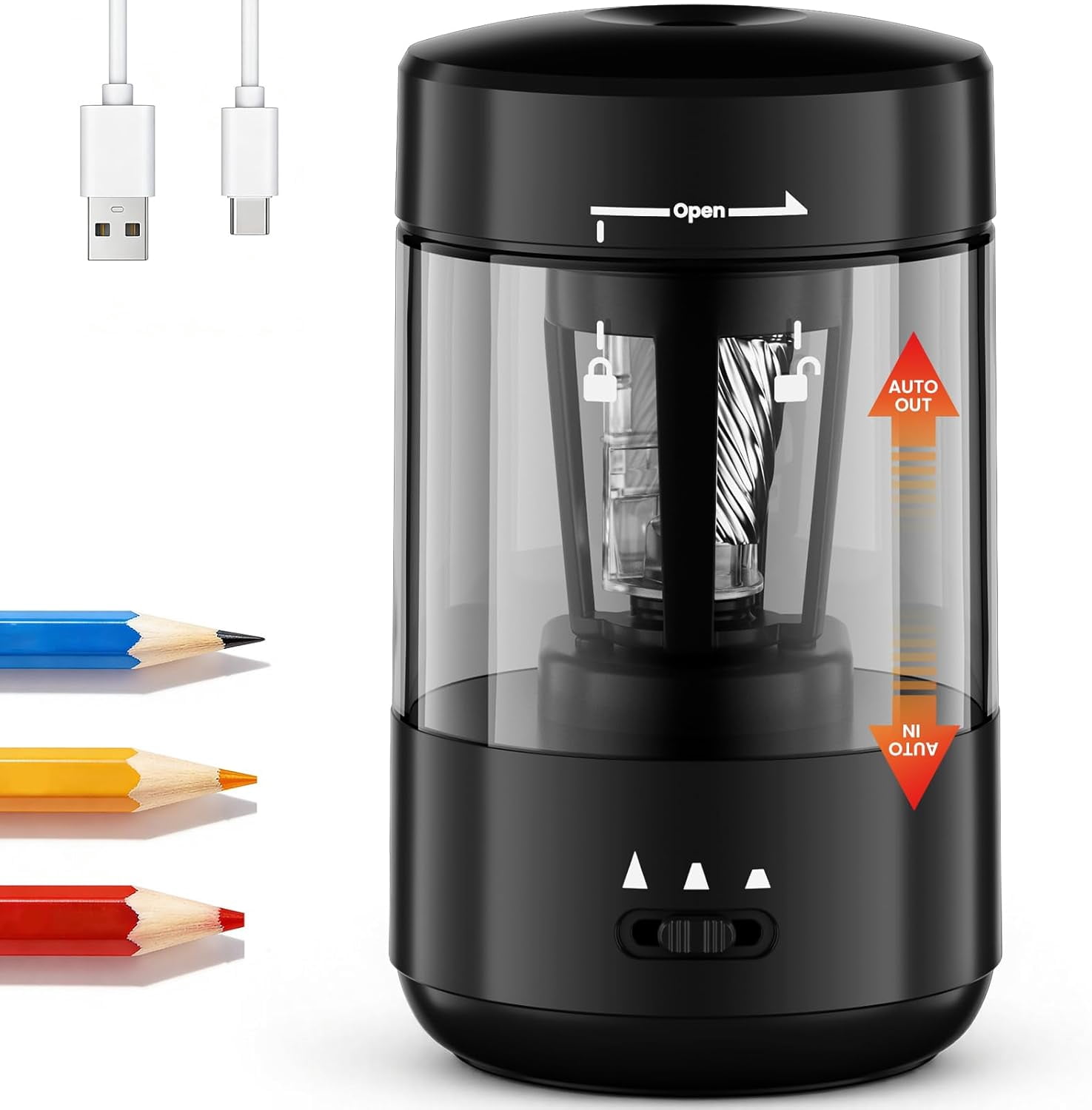 Electric Pencil Sharpener for Classroom, Fully Automatic Pencil Sharpener for 6-8mm Pencils & Colored Pencils, Auto in & Out, Type-C Rechargeable Pencil Sharpeners for Home, School