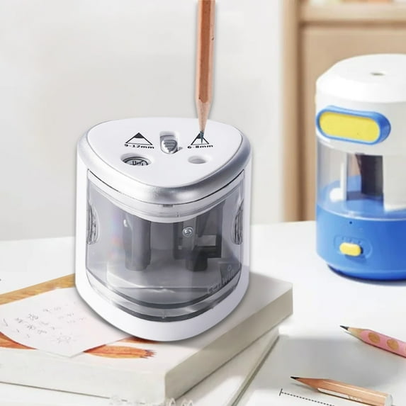 Electric Pencil Sharpener Double Hole With Slide Cover | Quiet Auto-Stop | Heavy Duty for 6-12mm Graphite Colored Charcoal | Stainless Steel Blade | Portable | 7x7.5x7cm | Battery Powered