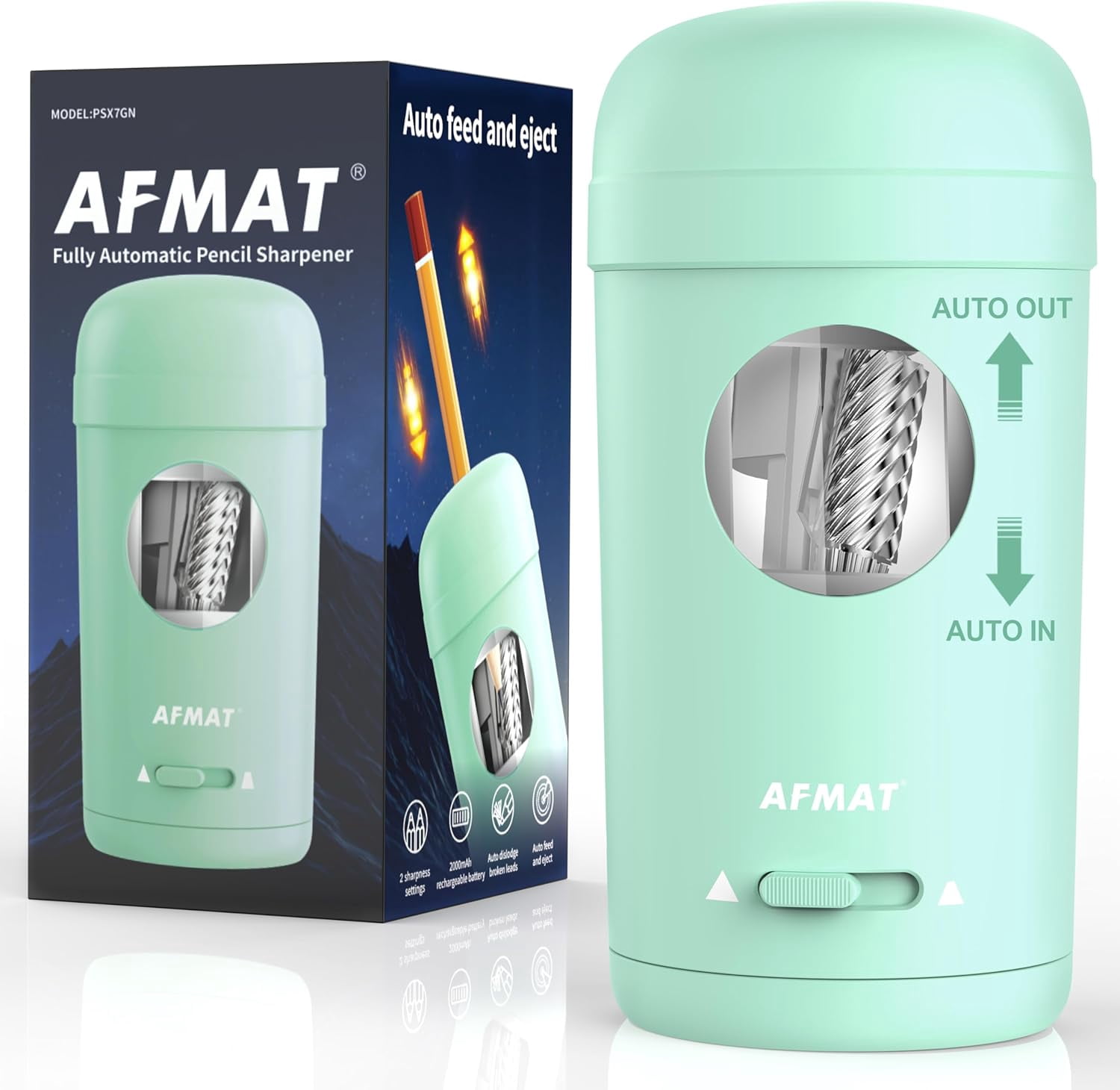 Electric Pencil Sharpener, Fully Automatic Pencil Sharpener for 7-8mm Pencils & Colored Pencils, Auto in & Out, Rechargeable Vertical Hands-Free Sharpeners for Classroom/Home/Office PSX7(Green)
