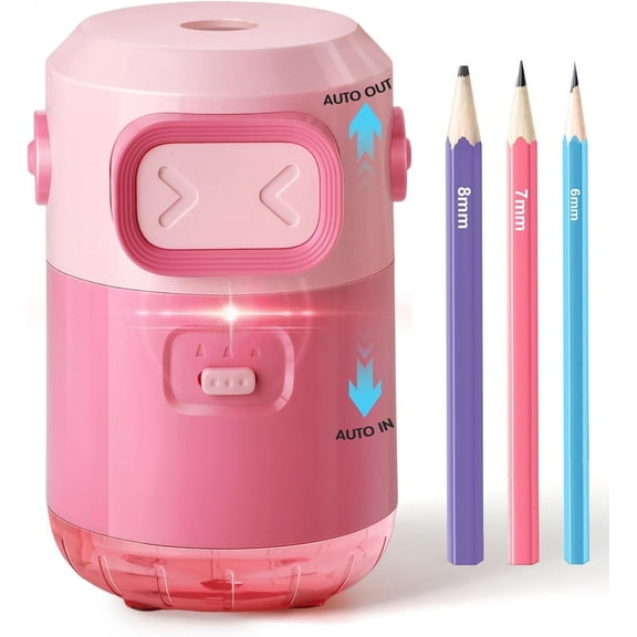 Electric Pencil Sharpener, Fully Automatic Pencil Sharpener for Colored Pencils 6-8mm, Rechargeable Sharpener Hands-Free, Auto In&Out Robot Pencil Sharpeners Classroom Home Office, Pink